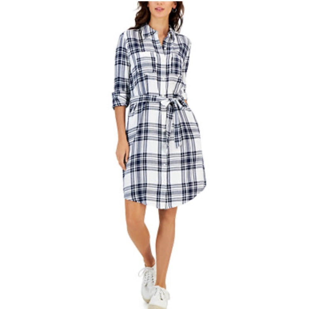 Style & Co. Navy and White Plaid Shirt Dress Size L EUC